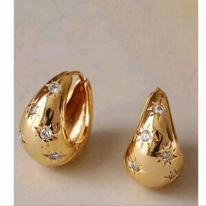 New! Anthropologie Aester Stars Crystal Dome Huggies Hoop Gold Earrings NWOT